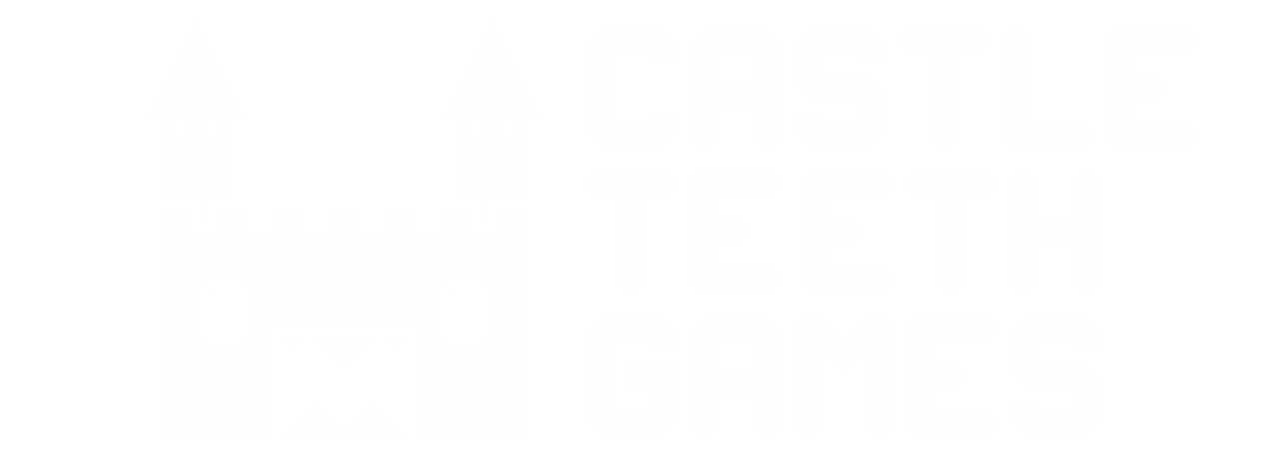 Castle Teeth Games Logo Image, a castle with eyes and a mouth with teeth showing where its front door would normally be, with the words CASTLE TEETH GAMES on right