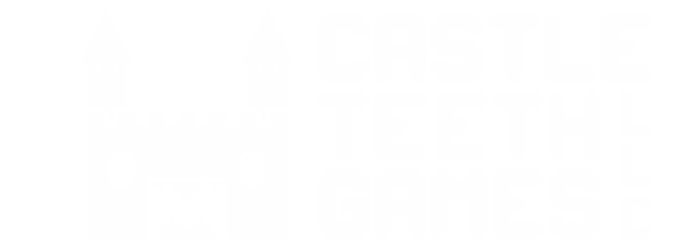 Castle Teeth Games Logo Image, a castle with eyes and a mouth with teeth showing where its front door would normally be, with the words CASTLE TEETH GAMES on right
